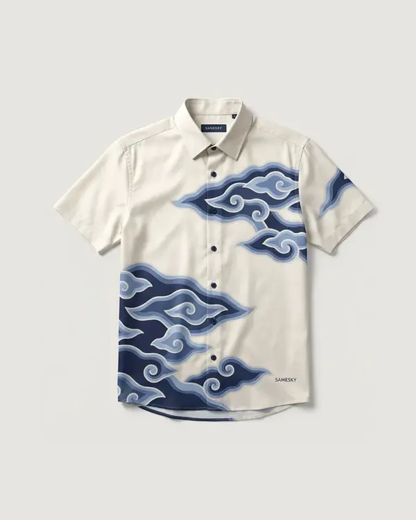 Mega Mendung Shirt warna Ivory Navy, tampak depan
